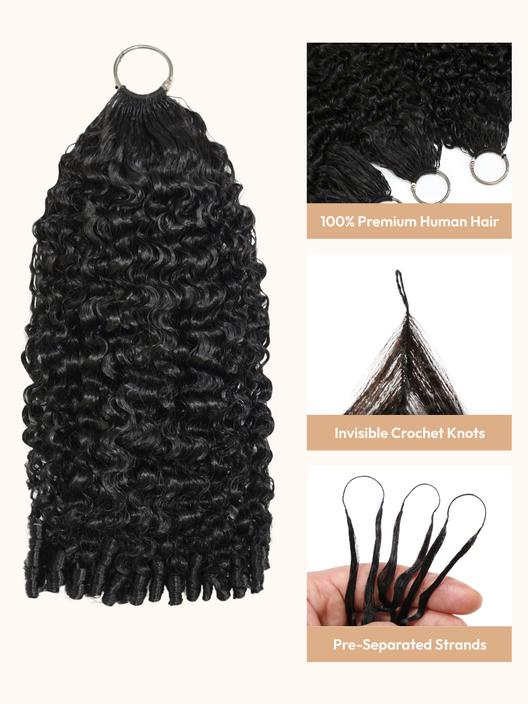 Feather Crochet hair bundle showing premium human hair, invisible crochet knots and pre-separated strands