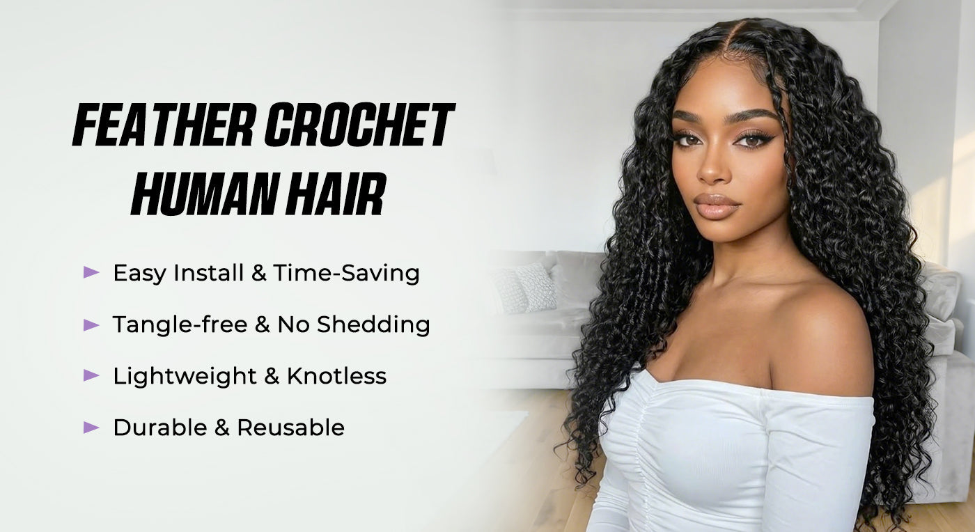 Model wearing long Feather Crochet Human Hair with the main product benefits