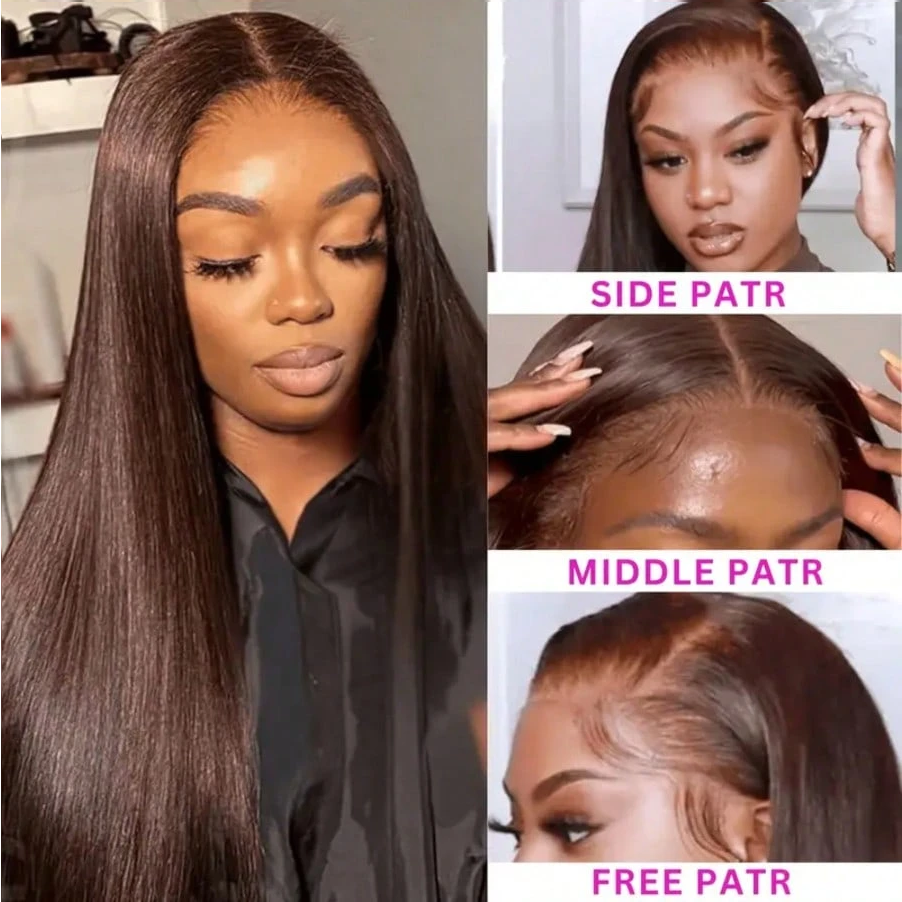 Chocolate Brown Color 13x4 Frontal Glueless Wig Pre Plucked Straight Human Hair