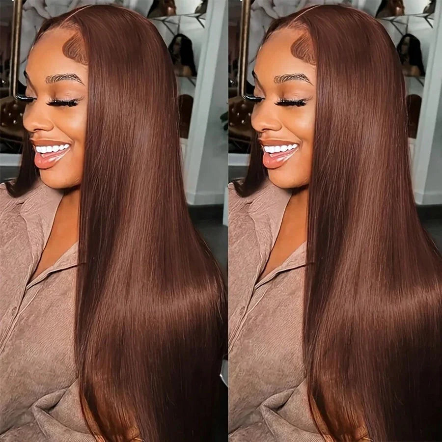 Chocolate Brown Color 13x4 Frontal Glueless Wig Pre Plucked Straight Human Hair