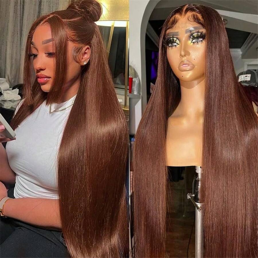 Chocolate Brown Color 13x4 Frontal Glueless Wig Pre Plucked Straight Human Hair