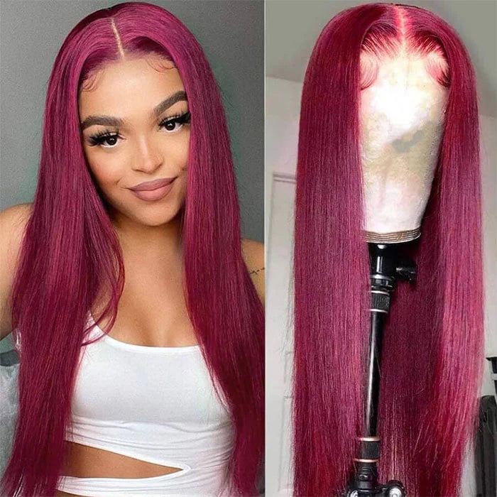 Glueless Burgundy Color 13x4 Lace Frontal Wig Straight Human Hair  47 reviews