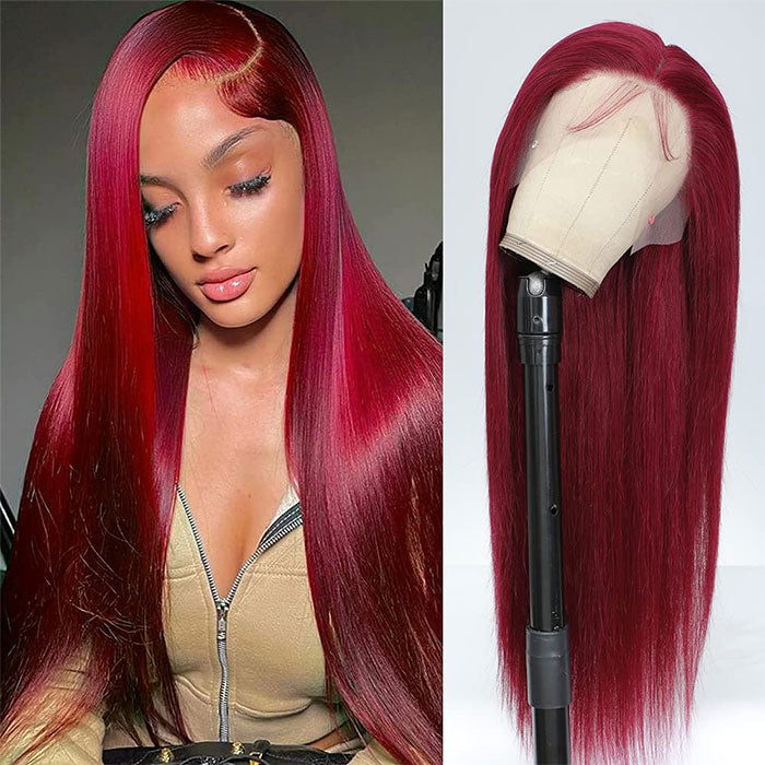 Glueless Burgundy Color 13x4 Lace Frontal Wig Straight Human Hair  47 reviews