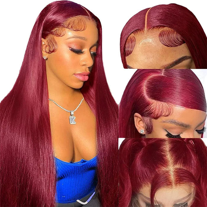 Glueless Burgundy Color 13x4 Lace Frontal Wig Straight Human Hair  47 reviews
