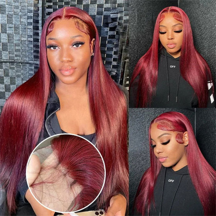 Glueless Burgundy Color 13x4 Lace Frontal Wig Straight Human Hair  47 reviews