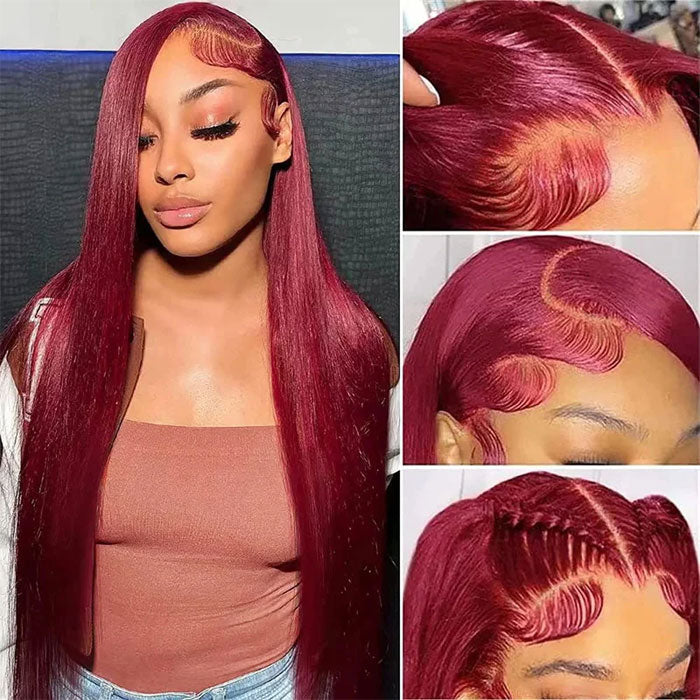 Glueless Burgundy Color 13x4 Lace Frontal Wig Straight Human Hair  47 reviews