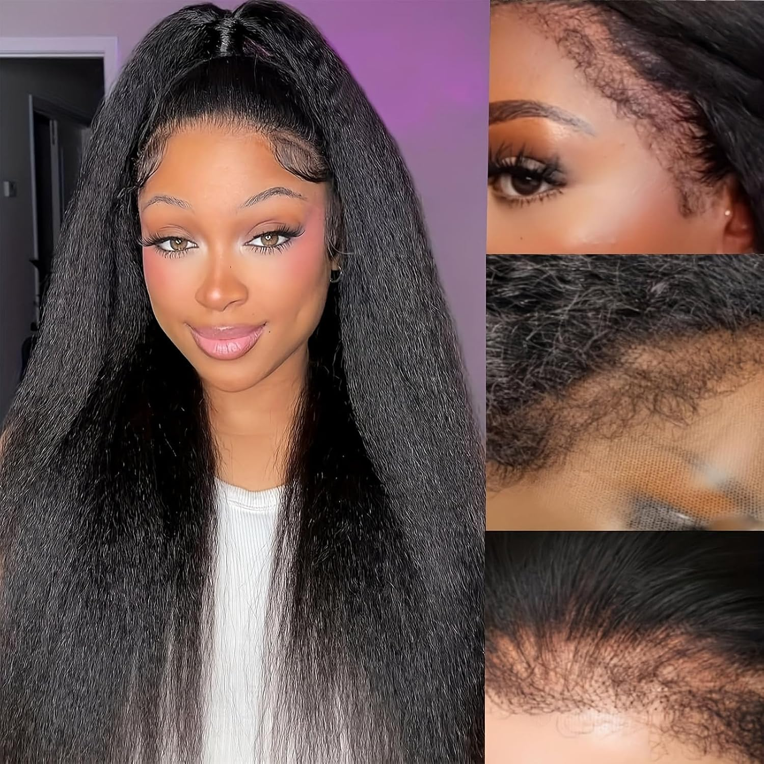 Kinky Straight 13x4 Full Frontal Glueless Wig Pre Plucked 100% Human Hair