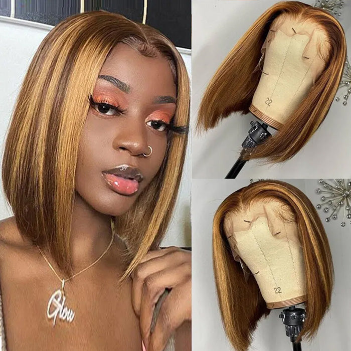 Glueless Ombre Highlight Color P4/27 Short Bob 13x4 Lace Frontal Wig Human Hair
