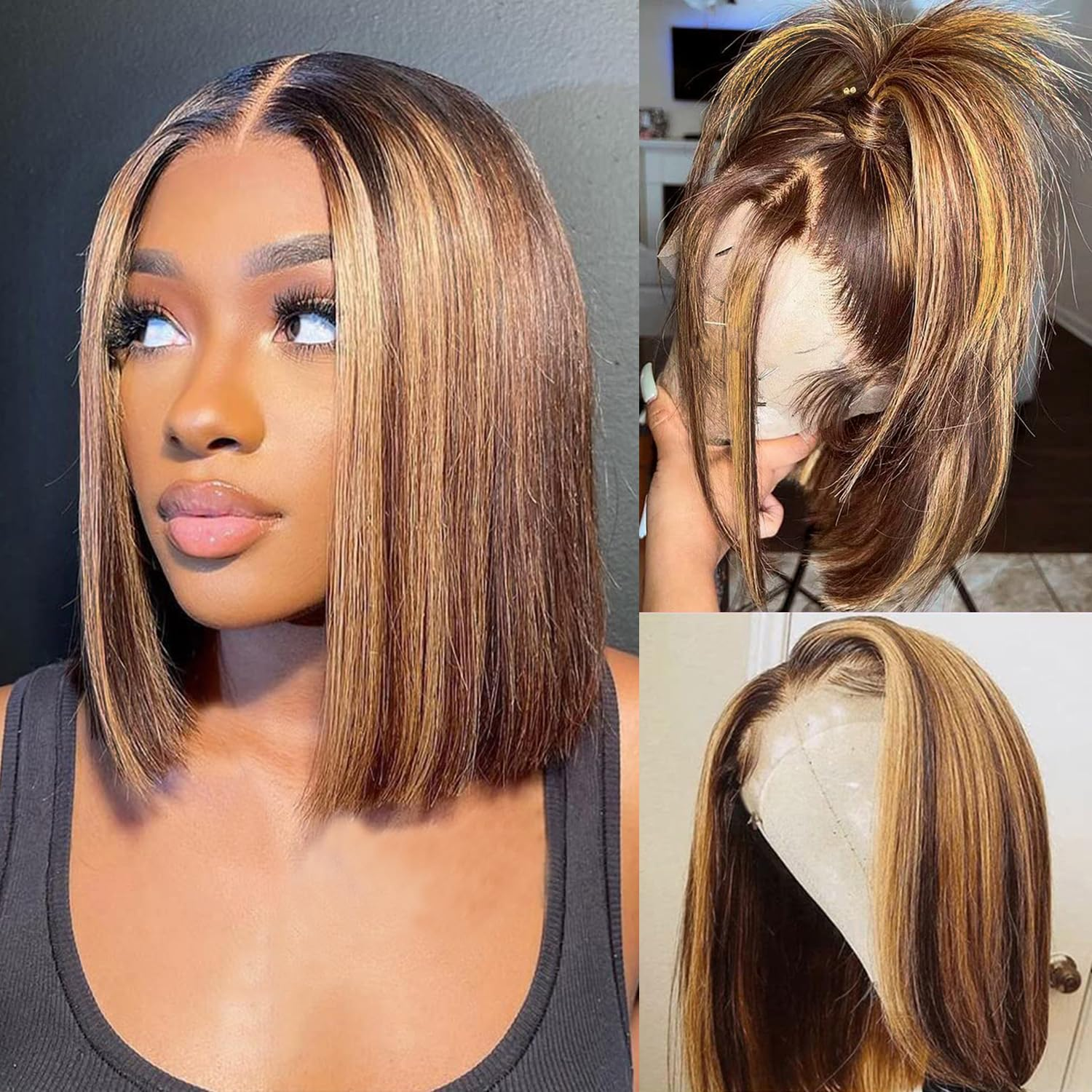 Glueless Ombre Highlight Color P4/27 Short Bob 13x4 Lace Frontal Wig Human Hair