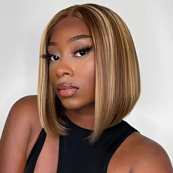 Glueless Ombre Highlight Color P4/27 Short Bob 13x4 Lace Frontal Wig Human Hair