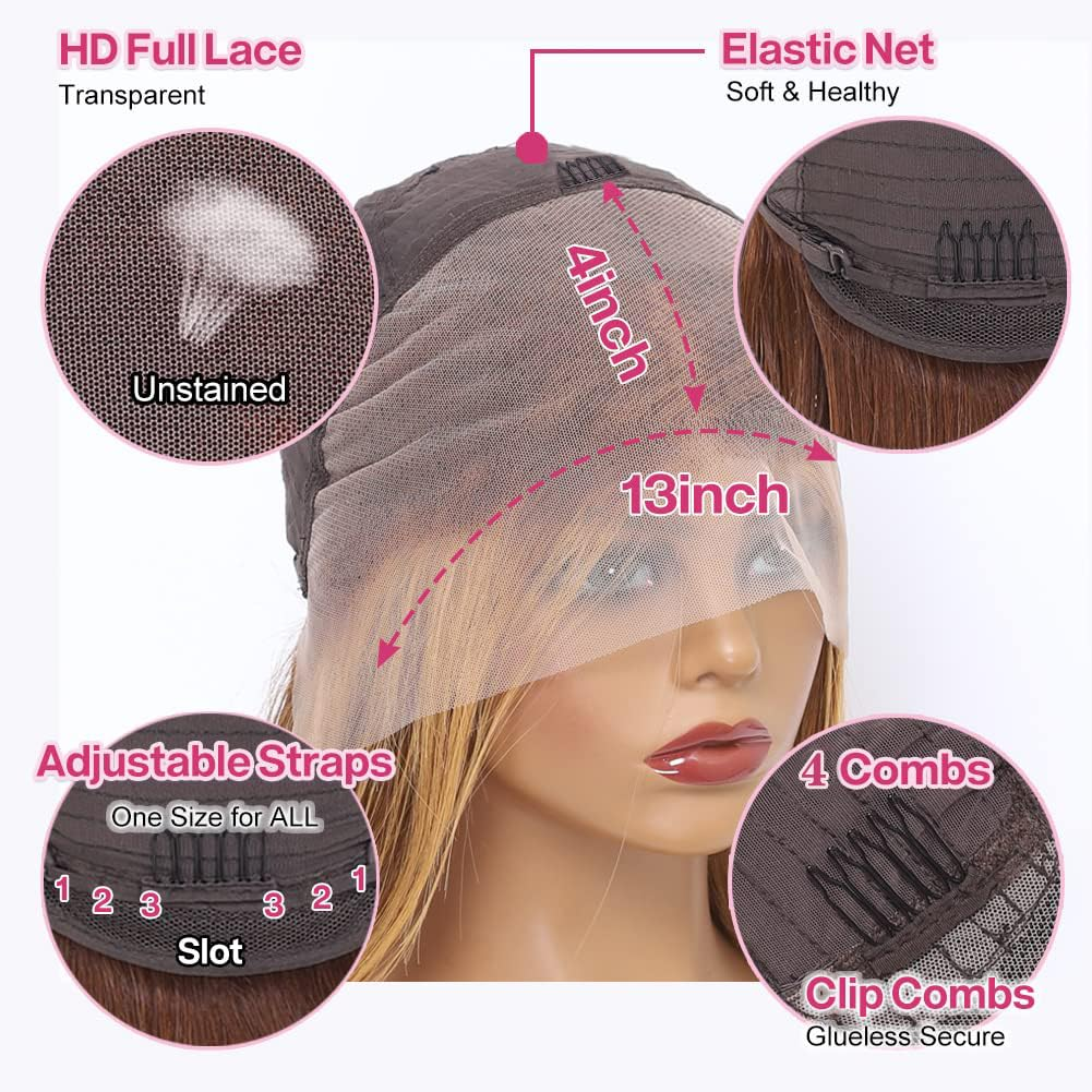 Glueless Ombre Highlight Color P4/27 Short Bob 13x4 Lace Frontal Wig Human Hair