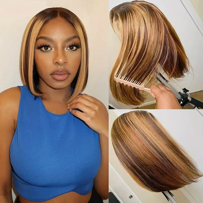 Glueless Ombre Highlight Color P4/27 Short Bob 13x4 Lace Frontal Wig Human Hair