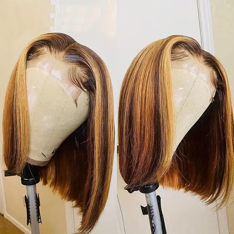 Glueless Ombre Highlight Color P4/27 Short Bob 13x4 Lace Frontal Wig Human Hair