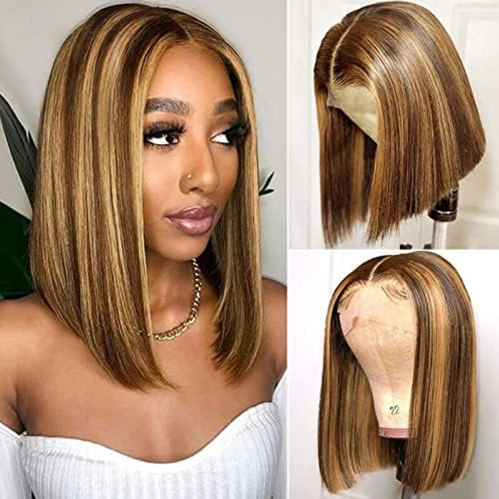 Glueless Ombre Highlight Color P4/27 Short Bob 13x4 Lace Frontal Wig Human Hair