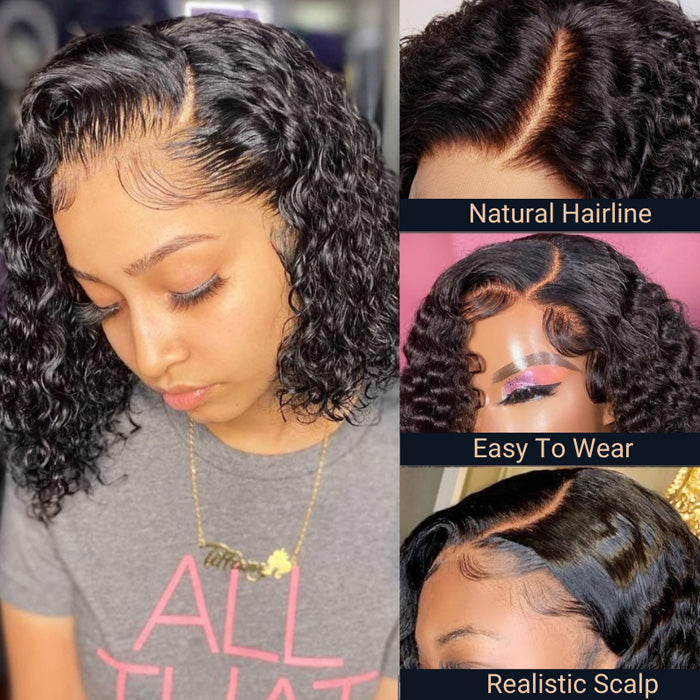 Double Drawn Water Wave Short Bob 13x4 Lace Frontal Glueless Wig