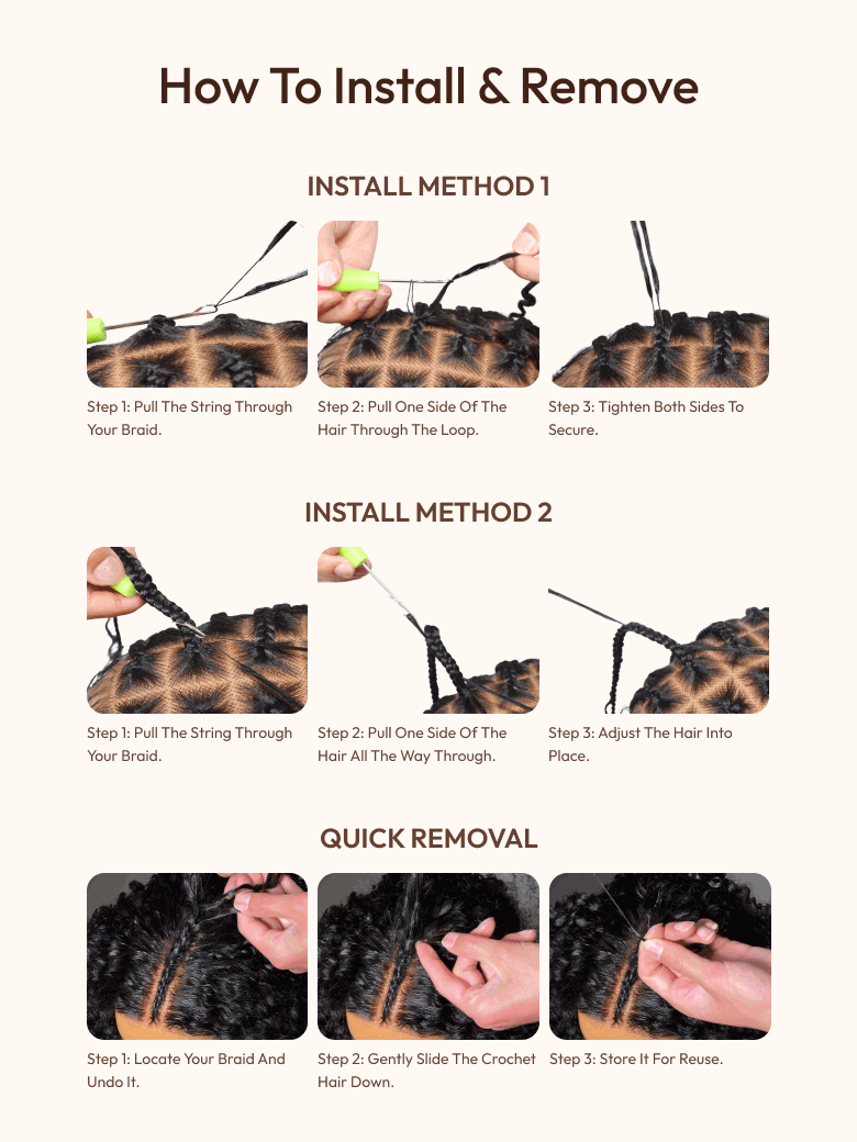 Animated step-by-step guide for installing and removing Feather Crochet hair